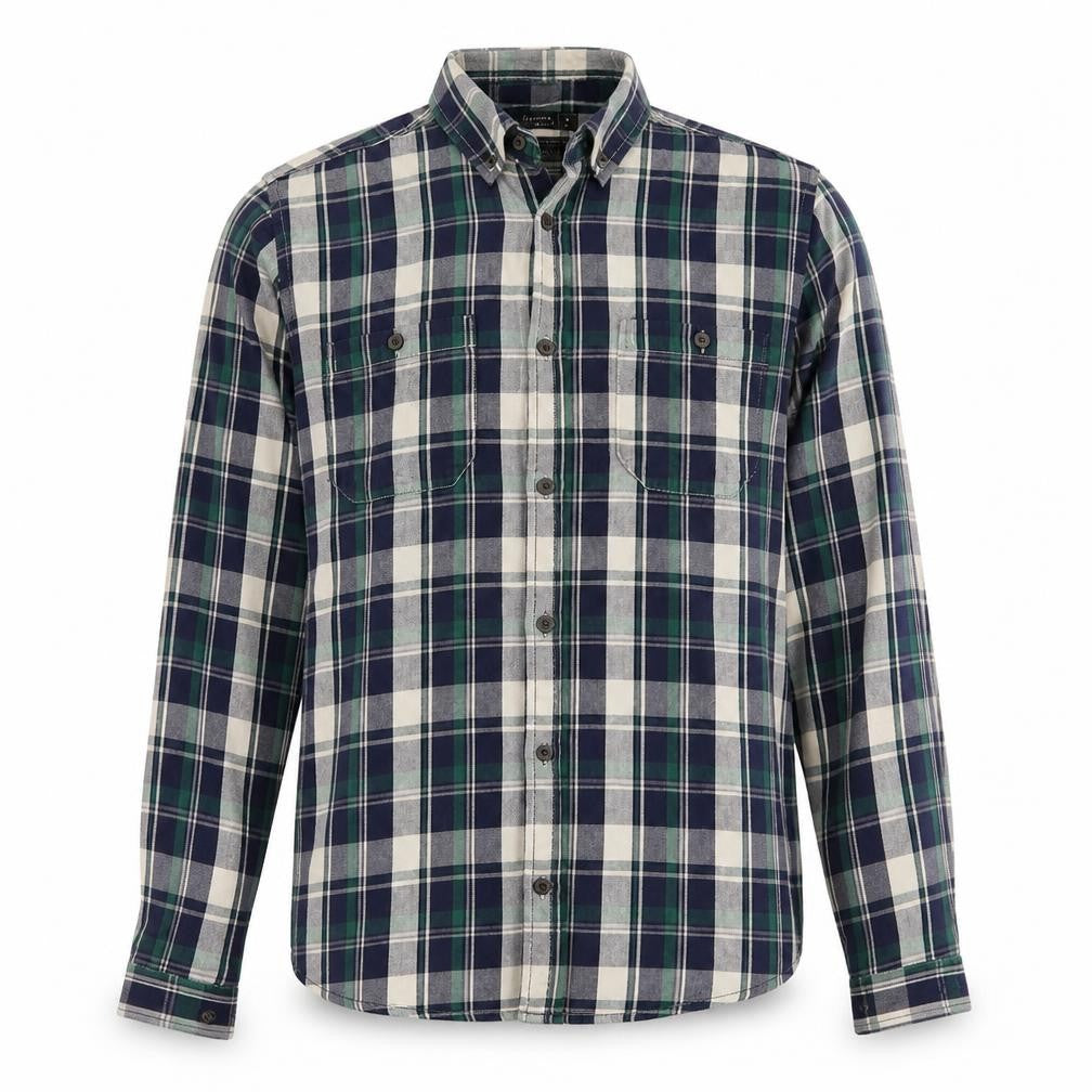 Front view of Peacocks men’s blue plaid button-up, size M