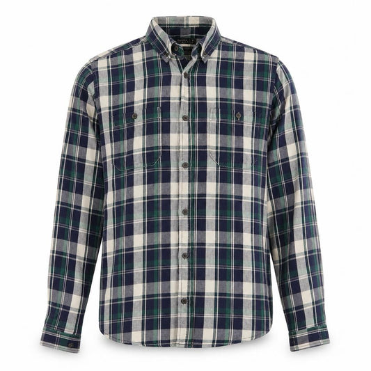 Front view of Peacocks men’s blue plaid button-up, size M