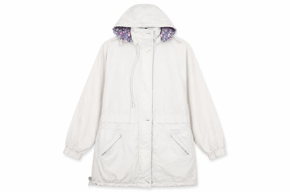 Front view of Elegance women’s white parka coat, size S
