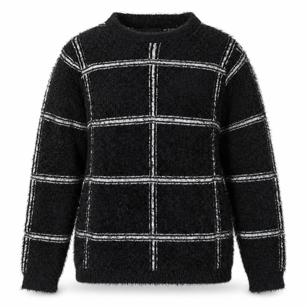 Front view of AKD A WEST women’s black check knit jumper, size UK 14