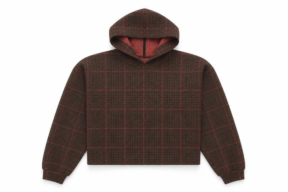 Front view of Stradivarius women’s brown check pullover hoodie, size M