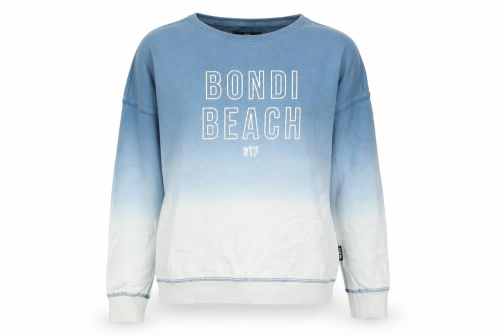 Front view of BTF women’s blue pullover sweatshirt, size UK 8, - ombre