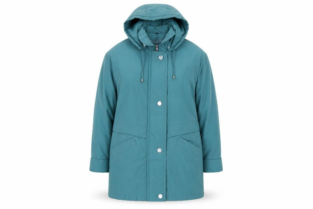 Front view of Klass women’s green overcoat coat, size UK 12