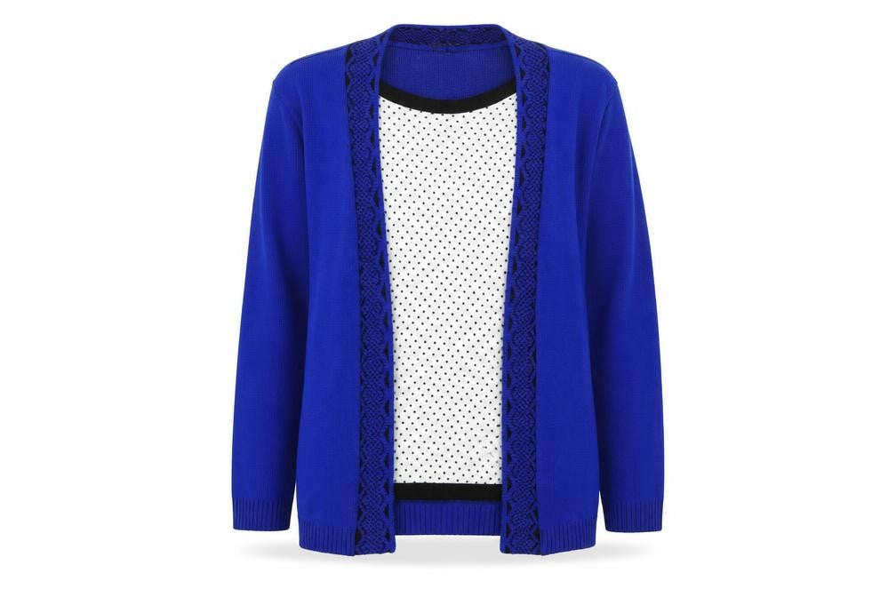 Front view of g laxy women’s blue polka dot jumper, size S