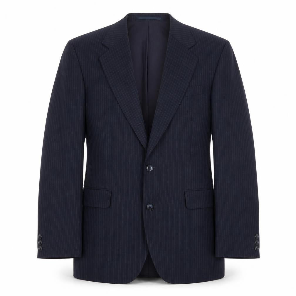 Front view of Moorcroft men’s blue striped jacket suit jacket, size 40