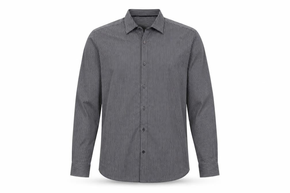 Front view of gibson men’s black striped button-up, size 16.5