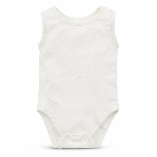 Front view of Nutmeg Baby White Babygrow One-Piece, size 9-12, Months