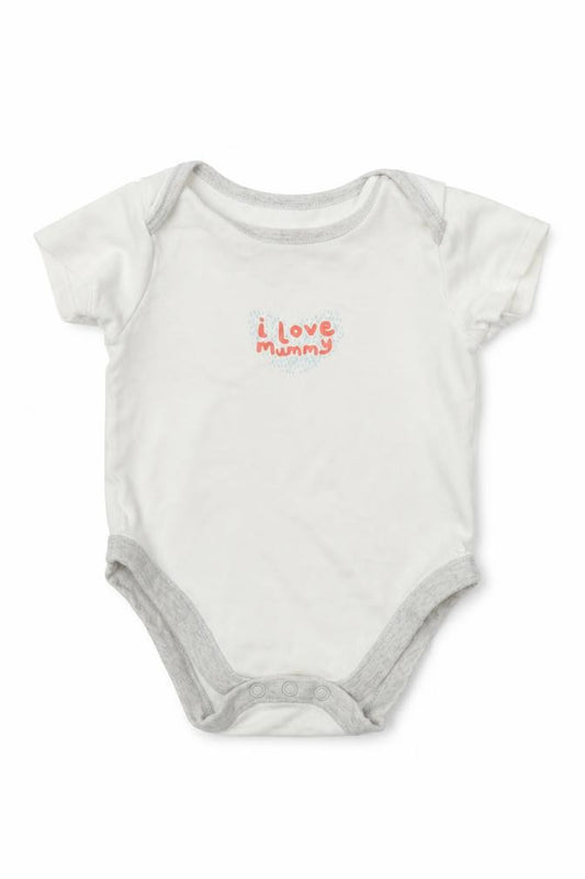 Front view of Pep&Co girls’ white babygrow one-piece, size 9-12, months