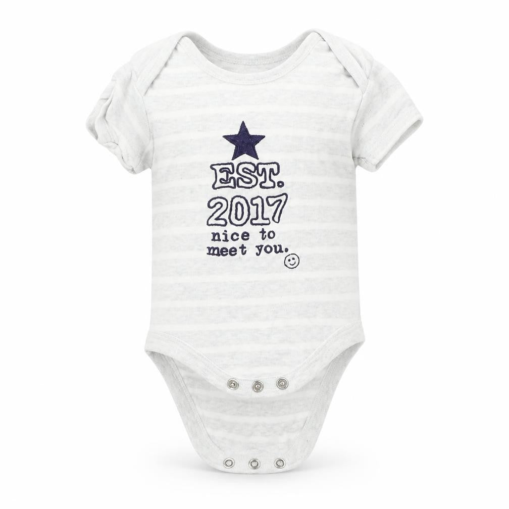Front view of Nutmeg boys’ grey striped babygrow one-piece, size 0-3, months
