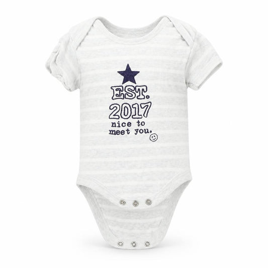 Front view of Nutmeg boys’ grey striped babygrow one-piece, size 0-3, months