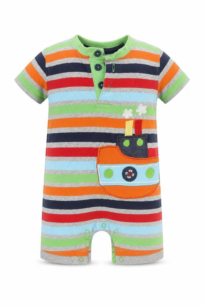 Front view of Tu Baby Green Striped Catsuit One-Piece, size 0-3, Months