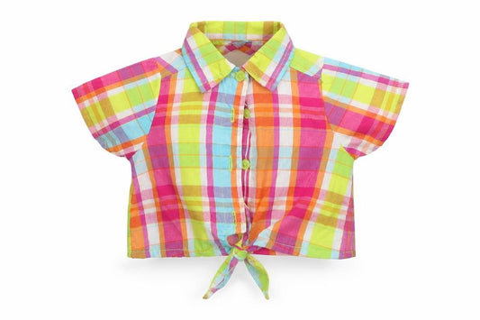Front view of Penny m girls’ multicoloured check basic button-up, size 24, months