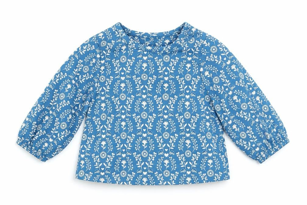 Front view of Mini Club girls’ blue floral basic t-shirt, size 0-3, months