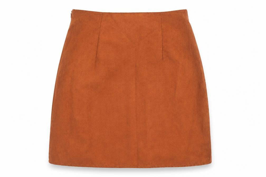 Front view of Amosphere women’s brown mini skirt, size UK 6