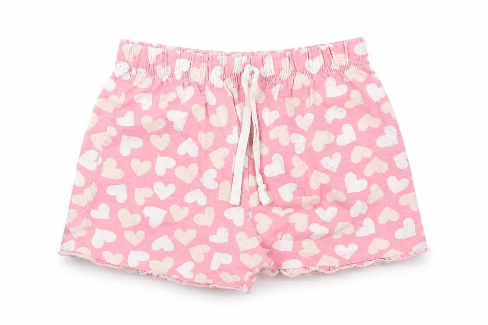 Front view of QTEE girls’ pink sleep shorts, size 6-7, years