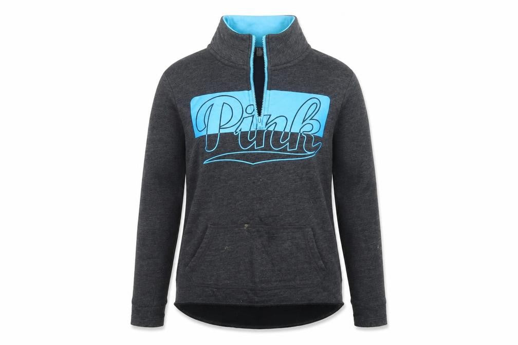 Front view of PINK women’s grey pullover sweatshirt, size XS