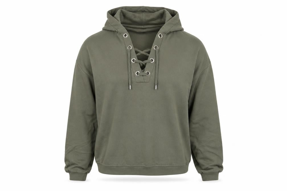 Front view of H&M women’s green pullover hoodie, size M