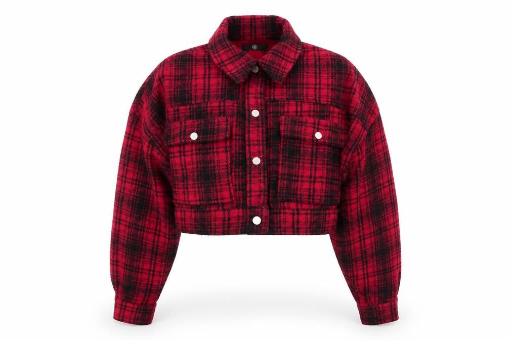 Front view of Missguided women’s red check bomber jacket coat, size UK 4