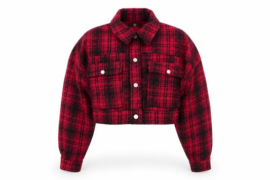 Front view of Missguided women’s red check bomber jacket coat, size UK 4
