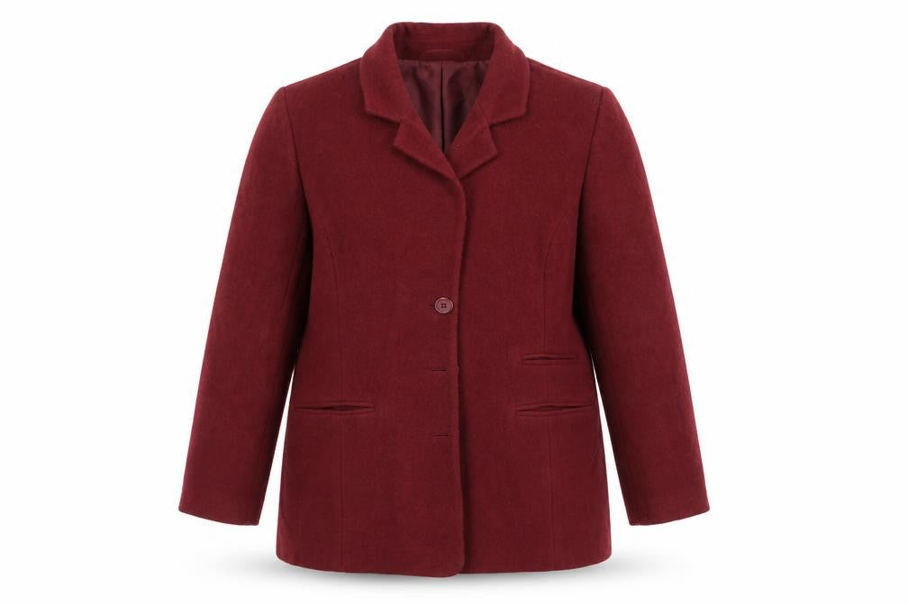 Front view of Sensations women’s red overcoat coat, size UK 14