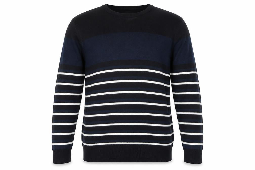 Front view of Cedarwood State men’s blue striped knit jumper, size S
