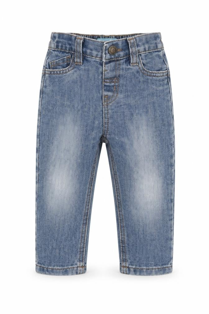 Front view of Rebel boys’ blue denim cargo jeans, size 18-24, months