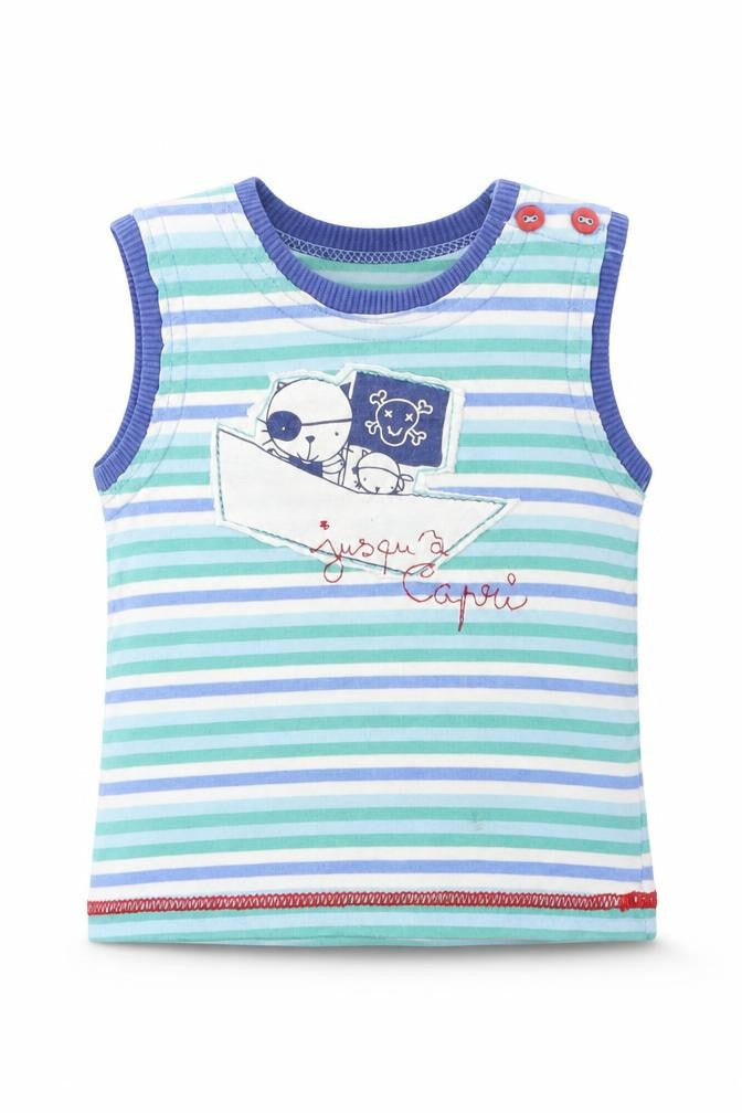 Front view of Miobic boys’ blue striped basic t-shirt, size 0-3, months