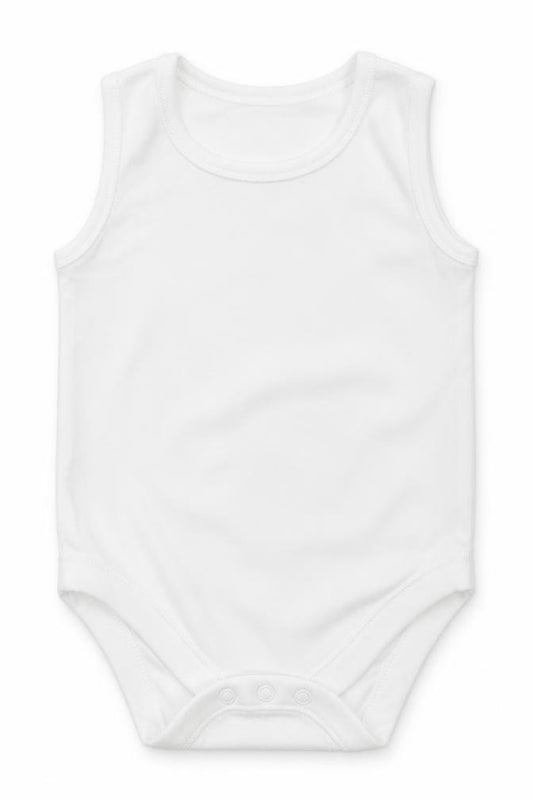 Front view of Nutmeg Baby White Babygrow One-Piece, size 6-9, Months