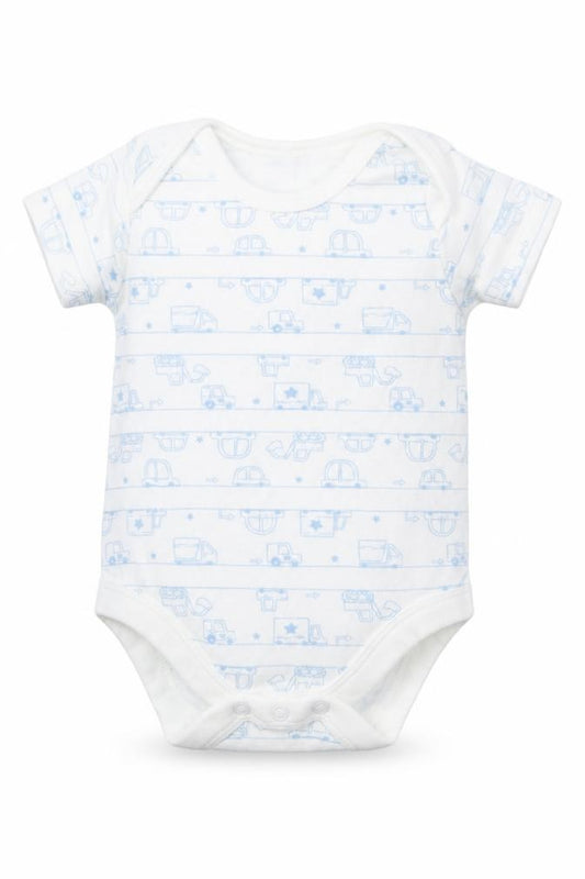 Front view of Tu Baby White Babygrow One-Piece, size 3-6, Months - Blue Cars