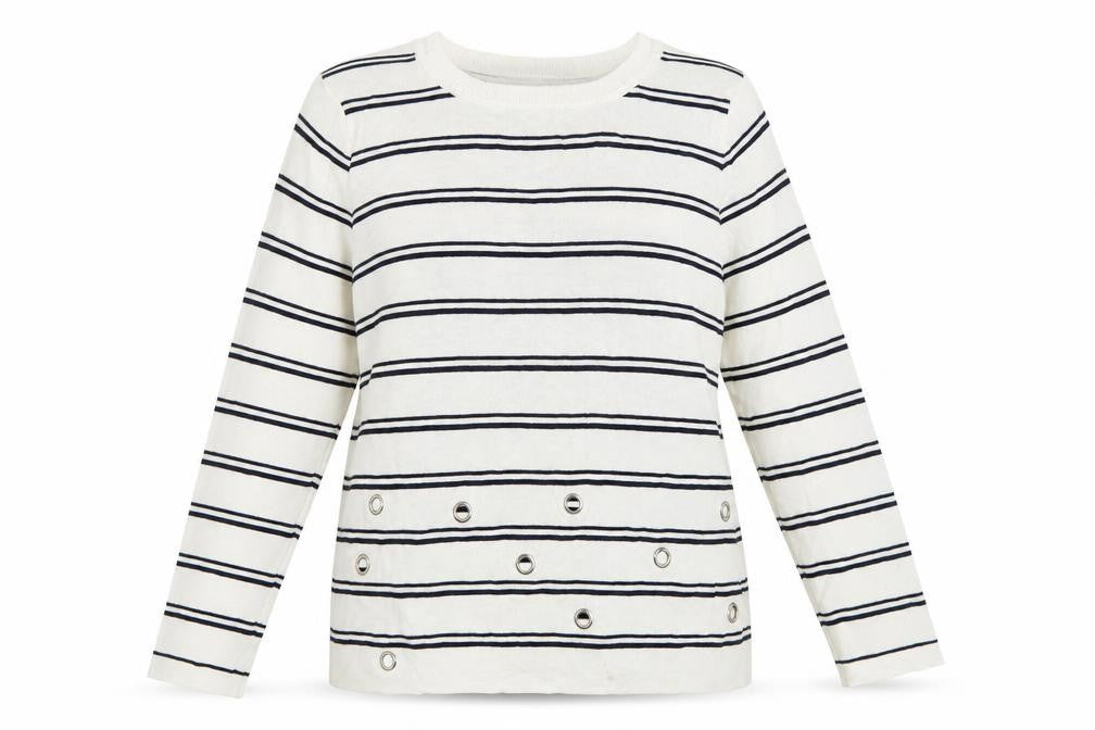 Front view of F&F women’s multicoloured striped jumper, size UK 14