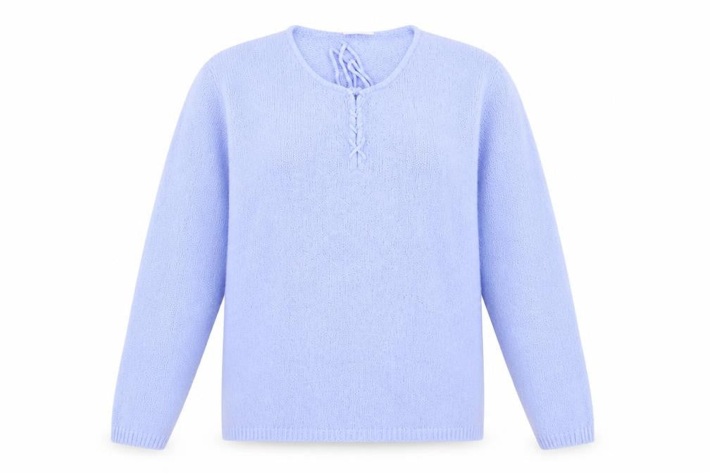Front view of Claire Ashton women’s blue knit jumper, size UK 14