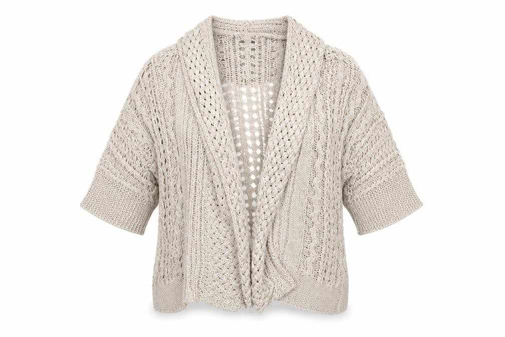 Front view of Marks & Spencer women’s beige cardigan jumper, size UK 10