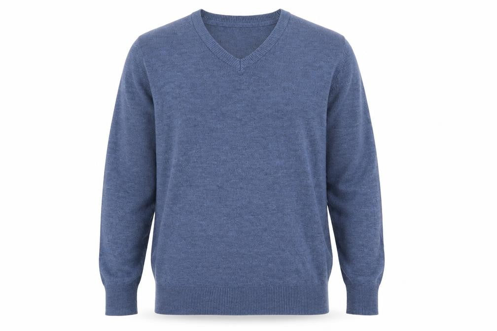 Front view of Cotton Traders men’s blue jumper, size M