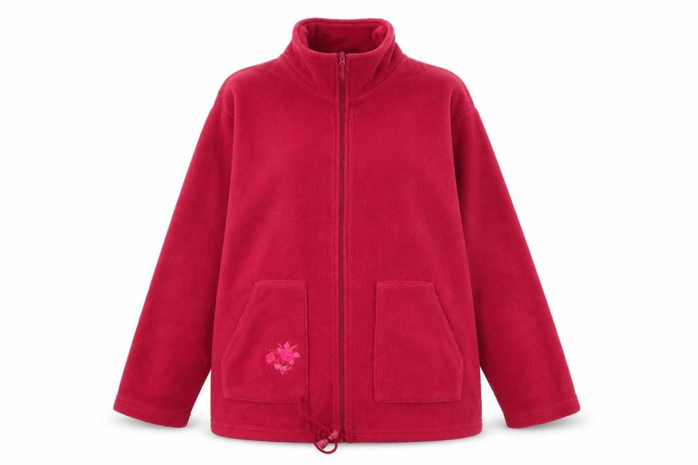 Front view of Daxon women’s red full zip jumper, size UK 14