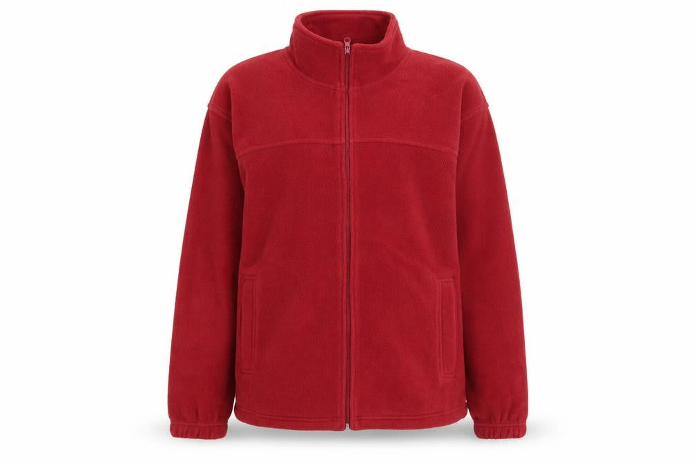 Front view of EWM men’s red full zip jumper, size S