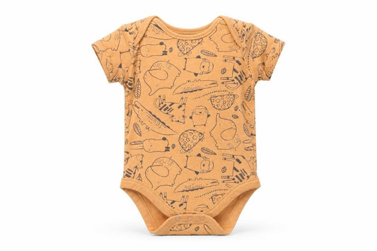 Front view of ANYDAY girls’ orange animal print babygrow one-piece, size 3-6, months
