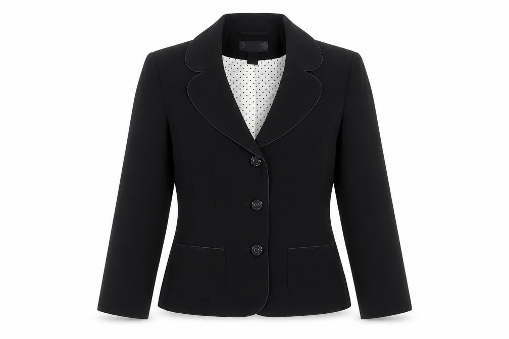 Front view of H&M women’s black jacket suit, size UK 6