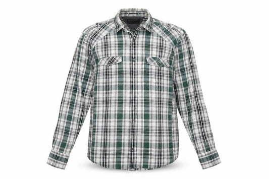 Front view of Burton men’s grey plaid button-up, size L
