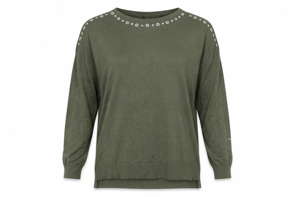 Front view of Bonmarché women’s green knit jumper, size UK 14