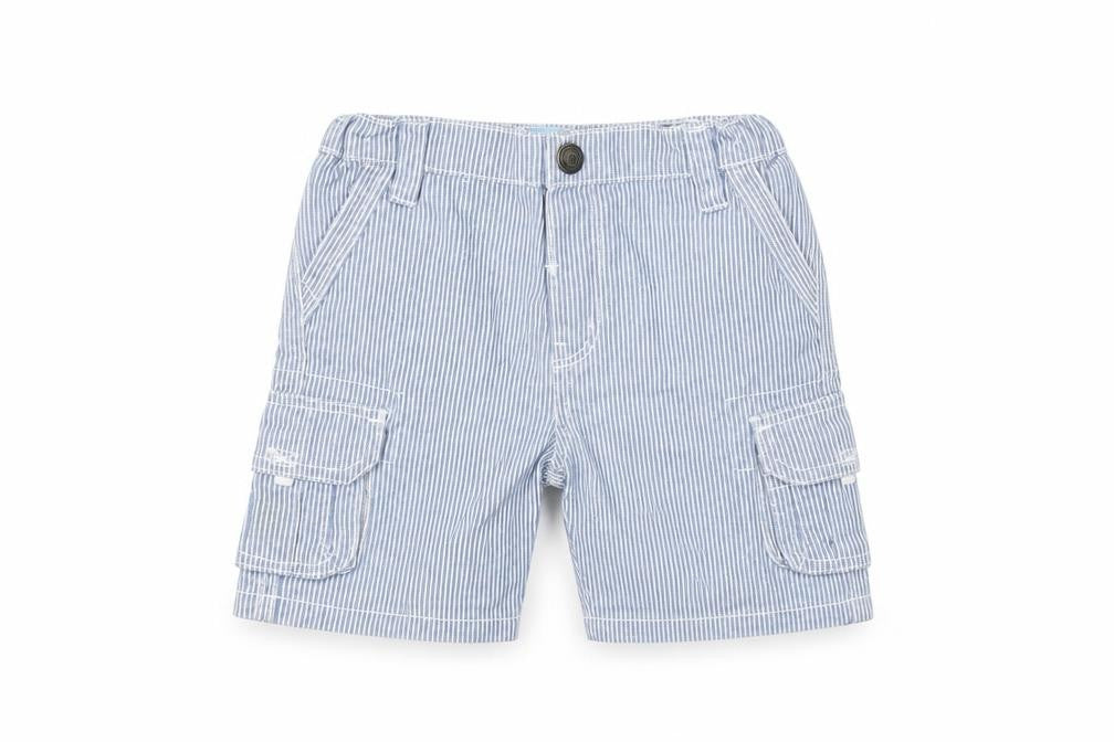 Front view of Rebel boys’ blue striped cropped trousers, size 18-24, months