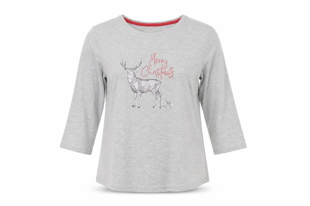 Front view of Pretty Secrets women’s grey solid top pyjama top, size UK 10, - christmas