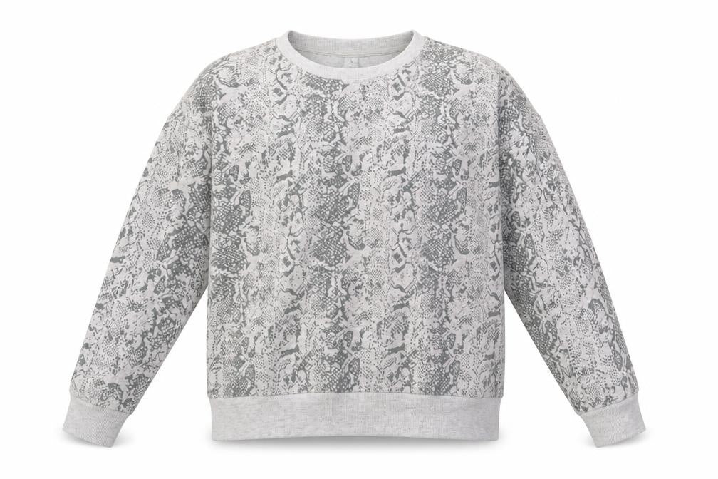 Front view of 90 Degree women’s grey animal print pullover sweatshirt, size M