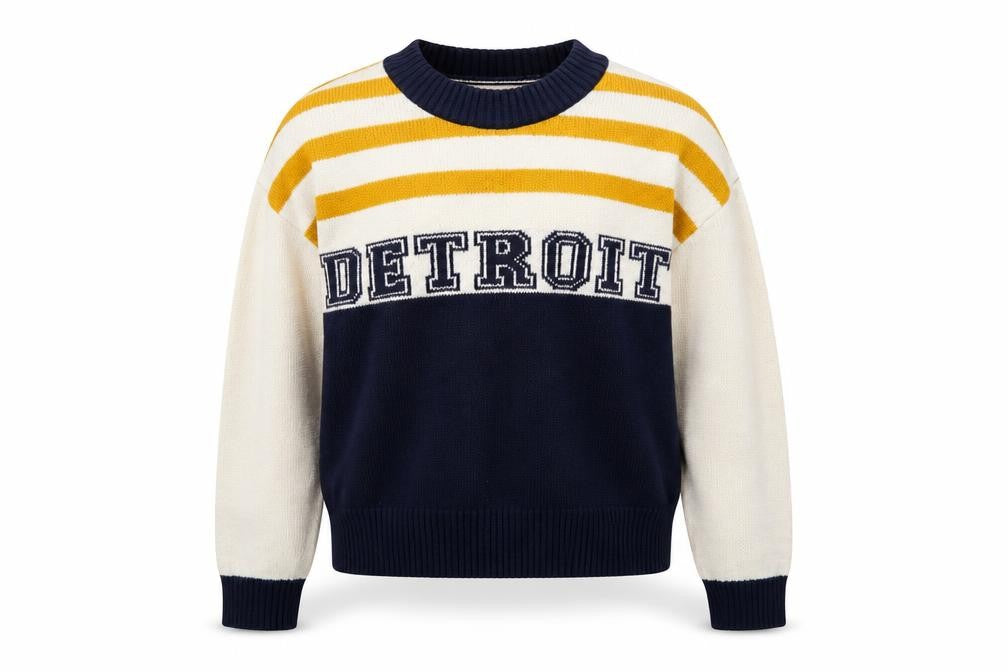 Front view of Matalan girls’ blue striped pullover sweatshirt, size 11, years