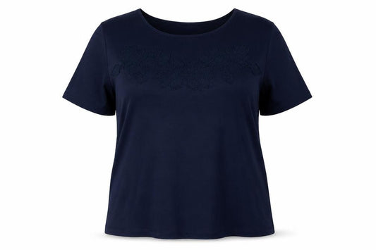 Front view of Nightingales women’s blue basic t-shirt, size UK 16