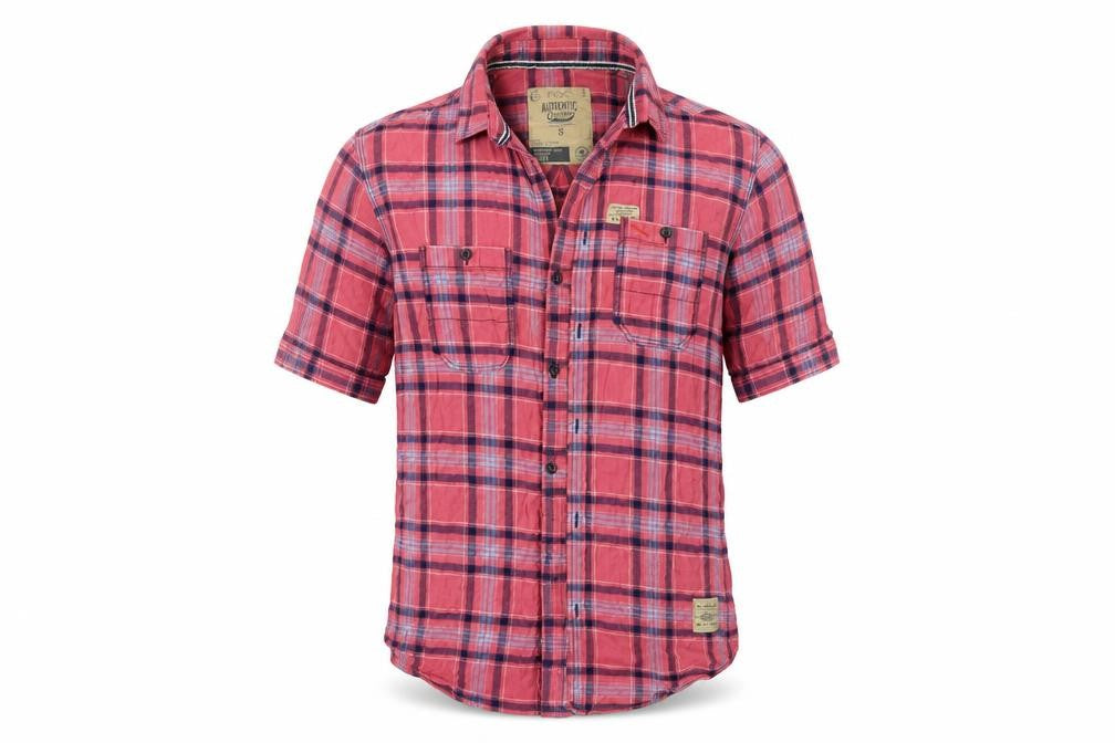 Front view of Next men’s pink check button-up, size S