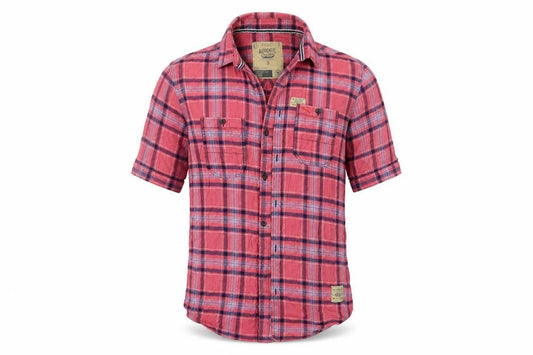 Front view of Next men’s pink check button-up, size S