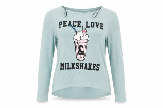 Front view of Preworn women’s green jumper, size S, - peace, love