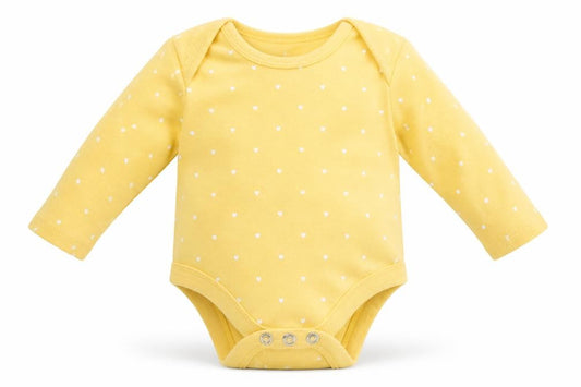 Front view of F&F girls’ yellow romper one-piece, size 0-3, months - heart print