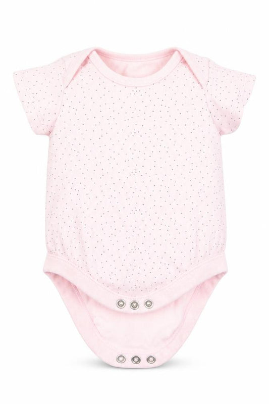 Front view of F&F girls’ pink polka dot romper one-piece, size 0-3, months