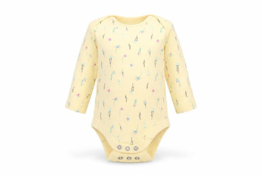 Front view of F&F girls’ yellow floral romper one-piece, size 0-3, months